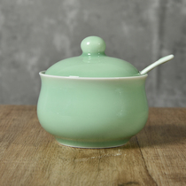 Creative home Longquan green porcelain seasoning jar with lid spoon Three sets of ceramic seasoning jar Salt jars Single