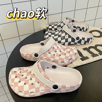 Dongle Shoes Woman Summer Outside of Chessboard Grid Light Breathable Nurse Large Head Slippers Soft Bottom Thick Bottom Anti Slip Baotou Sandal