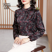 Retro stand-up collar heavy silk shirt womens long-sleeved autumn dress new satin printed mulberry silk top foreign style mother