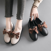 ins small leather shoes womens retro 2019 new British style bow pedal gentle shoes thick heel fairy single shoes