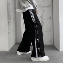 Hong Kong style breasted stitching casual pants Mens ins tide brand straight loose wide leg pants ins high street vibe summer pants