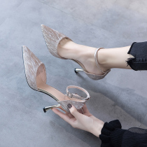 High heels womens thin heels summer 2021 new French pointed fairy style wedding shoes one-word belt net red sexy sandals