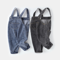 Baby denim strap pants spring and autumn baby foreign fashion pants boys cute trousers spring Korean childrens clothing tide