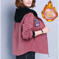 Cotton-containing lined velvet thickened short jacket cardigan womens autumn and Winter new hooded Korean version loose and wild sweater