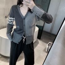 TB color matching knitted cardigan women's 2021 spring new V-neck Korean version of loose outer long sleeve sweater coat coat
