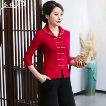 Modified cotton and hemp Tang dress Cheongsam suit spring and summer short embroidered linen top Chinese mother dress wedding dress large size