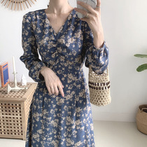2022 Early spring New Broken Flowers Long Dress Snowspinning V Collar Long style Temperament Vintage Lace-up Vintage Retro Dress Woman