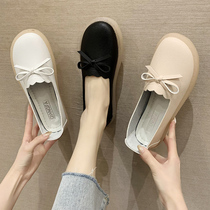 Beef Tendon Soft Bottom Bean Bean Shoes Women 2021 Spring Autumn New Bow Tie Non-slip White Nurse Shoes 100 hitch Shallow Mouth Single Shoes