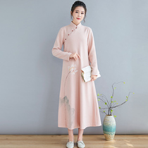 Tea artist clothing women autumn and winter new Zen clothing tea clothing women improved Tang Chinese women's cheongsam buckle dress