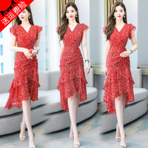 Broken Flowers Snowspun Dress Womens Summer 2021 New Short Sleeves Famous YUAN TEMPERAMENT V Led Bubble Sleeves Fish Tail Skirt