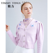 Sugar Force Spring Fall New Powder Purple Long Sleeve Solid Butterfly Decorative knitted sweatshirt with short soft glutinous rice