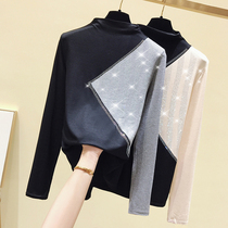 Korean semi-high collar hot diamond t-shirt womens 2020 autumn and winter new womens Korean version of thin long sleeves fashion slim-fit base shirt