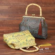 Handmade fabric womens bag 20cm bamboo handle gold bag sea water cloud wave material bag send tassel