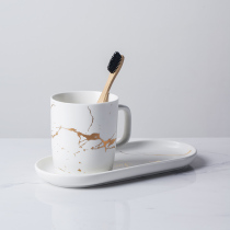 Nordic style gold marble pattern matte ceramic mouthwash cup black and white couple brush tooth cup set