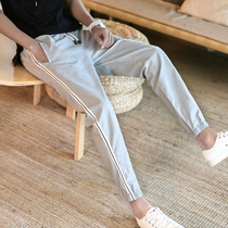 Tide brand summer new ankle-length pants slim striped small foot sports thin pants men Korean trend cotton casual pants