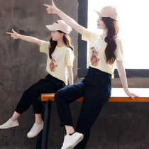 Fried street parent-child summer dress a family of three mother-daughter outfit The whole family 2021 new fashion short-sleeved t-shirt cartoon suit