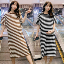 Gestational Woman Dress 2022 Summer Dress New Fashion Short Sleeve Striped Dress Mid Dress Mid Length Dress 100 Hitch Casual Pregnant Woman Dress