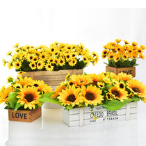 Small sunflower simulation flower pendulum piece plastic sun flower fake flower with vase wood fence flower small bouquet drawing room decoration