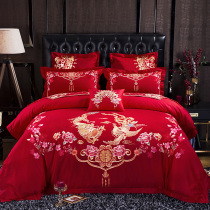 New Pint High-end Wedding Celebration Grand Red Pure Cotton Embroidered Flowers Full Cotton Clip Cotton Bed Skirt Style Bed Cover Bed Cover Sheet Four Pieces