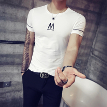 Mens short-sleeved T-shirt round neck Korean version tight trend personality half-sleeve social guy slim T-shirt