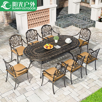 Sunshine outdoor table and chair Terrace Courtyard Cast aluminum long table and chair Villa Garden balcony Leisure table and chair Seven-piece terrace