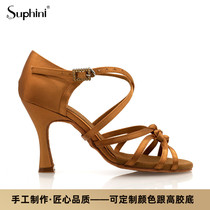 Suphini boutique high-end fashion professional custom black gold adult satin Lombard precisely Latin dance shoes
