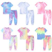 Kids Tales childrens clothing small childrens suit short sleeve trousers home clothing children tie-dyed sportswear Amazon summer