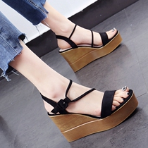 European Station Pine Pastry Sandals Women 2021 Summer New Casual 100 Hitch Heightened Women Shoes Fashion Black Slopes Heel Sandals