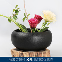 Chinese Zen black pottery Ceramic flower pot Flower vase Flower arrangement Sword Mountain Japanese-style Kohara water culture utensils Ceramic fruit plate