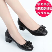 Leather soft-soled mother shoes spring and autumn middle-aged thick heel comfortable soft leather medium heel shoes womens large size shallow mouth black shoes