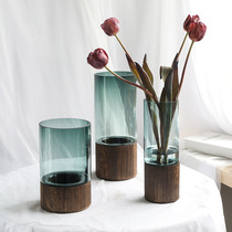 Creative Nordic ins splicing glass vase light luxury soft decoration home wooden base flower drying flower arrangement