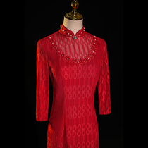 Red Cheongsam Bride Toast 2021 New Premium Retro Slim Lace Long Sleeve Dress Autumn