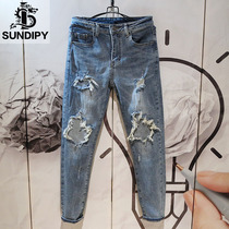 Fashion Spring and Autumn Korean version of denim trousers slim warm men wear beggar street wash old leggings