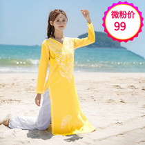 Indian yoga conserved with classic pure cotton pure handmade embroidered female import spring and summer medium long blouse yellow