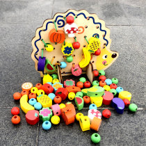 Wooden educational childrens toys hedgehog fruit beaded thread rope hands-on rope game early education building block quality