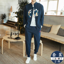 Spring cotton linen suit mens Chinese style printed Pisces Tang suit collar retro two-piece set trousers bunch feet fat size