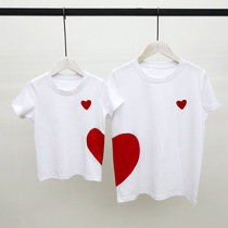 Korean parent-child outfit family of three or four high-end love peach short sleeve T-shirt pure cotton family clothing mother-child mother and daughter clothing