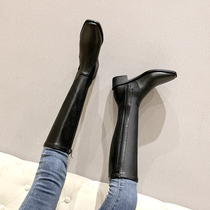 Boots womens 2020 winter new elastic square head mid-tube high boots thick heel but knee boots female knight boots