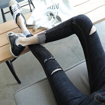 Korea Breaking Hole Jeans Woman Summer Thin with high waist display slim black tight height bullet curl 90% Little foot pants