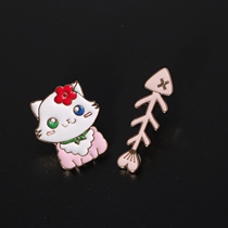 Happy lovers cute cat brooch Pink fishbone collar needle personality cartoon badge bag accessories small medal