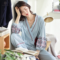 Kimono Pyjamas Spring Autumn Pure Cotton Long Sleeves Lace Korean version printed Sexy cute All cotton Home Suit Autumn Winter