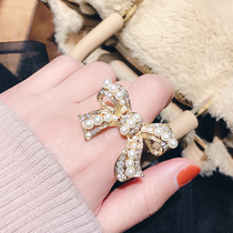 Net red with the same personality big bow pearl ring with rhinestones exaggerated temperament opening adjustable ring female