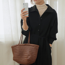 2020 Spring New Korean Chiffon Lapel Long Shirt Dress Women Joker Slim Black Vintage Dress