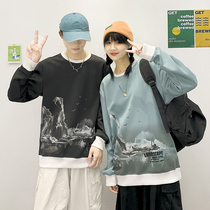 National tide landscape painting printed mens clothes loose 2021 Autumn New Youth student couple shirt