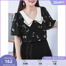 MSShe big code womens dress 2022 new summer fat mm butterfly knot printed bubble lantern sleeve snow-spinning shirt
