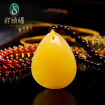 Xiangzhenfu natural beeswax pendant womens sweater chain raw stone Old Amber chicken oil yellow water drop beeswax pendant