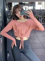 Yoga clothes for women blouses Long sleeves Loose Display Slim short Dew Navel Sexy Net Red Hooded Sweatshirt Speed Dry Fitness Sports T-shirt