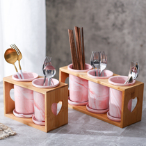 Japanese ceramic pink marble glossy chopsticks tube chopsticks with drain box chopsticks fork spoon storage chopsticks Chopsticks cage