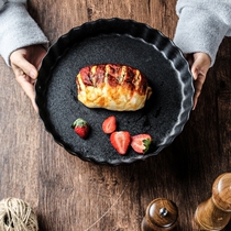 Black flat bottom baking pan oven baking large Bowl 10 inch large fruit plate frosted lace straight tray ceramic rice plate