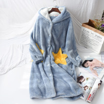 Limber Coral Suede Sleeping Dress Woman Autumn Winter Long style Flannel Loose Sleeping Dress With Cap Cardiovert long sleeve Home Jacket Thicken